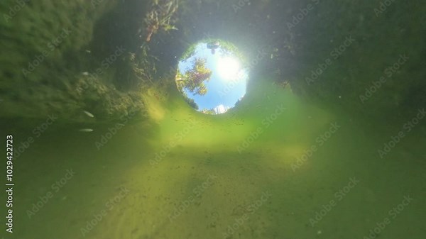 Unique underwater perspective looking up through the water's surface. The Sun and surrounding Trees are visible, creating a natural, serene view framed by the water and greenery above.