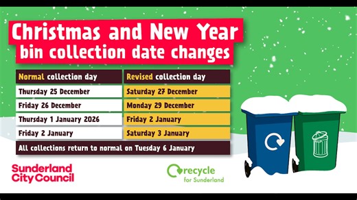 This year there will be changes to bin collection dates over the Christmas and New Year period. Collections normally scheduled for Thursday 25 and Friday 26 December, and Thursday 1 and Friday 2 January will change. Please present your waste and recycling for collection on the revised day during this time👇 Bins will be emptied as normal up to and including Wednesday 24 December, and normal collections will resume from Tuesday 6 January. We've additional crews working over the festive period, me