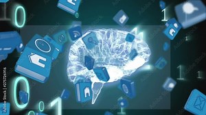 Online and application icons in squares with binary codes and digital brain