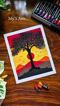 Easy The Magical Sunset Tree Drawing 🌞🎄 | With Oil Pastels | !!#art #shorts #oilpastel #viral