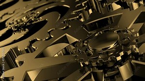 Isolated rotating golden gears. Movement of metal gears in a mechanical device. pinion mechanism. Mechanical Clockwork Brain with Moment of Inspiration. cogs animation. Work concept. Closeup Stock Video