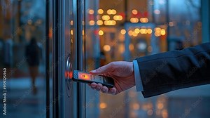 scanning a security key card to gain entry into a private building.