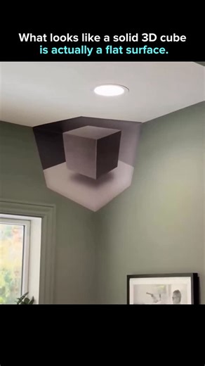 AI. Tech. The next evolution. on Instagram: "What appears to be a solid three dimensional cube is actually a flat surface painted using anamorphic perspective. This technique relies on precise distortion so an image only resolves correctly from a single viewing angle. By aligning geometry, shadows, and highlights across walls and ceilings, the artist triggers the brain’s depth perception without creating any physical structure. From the correct position, the illusion feels real. Step away, and i