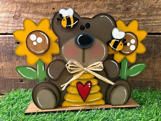 Honey Bee Bear Shelf Sitter, Spring Bee Decor, Sunflower Bear Sign, Handmade Wooden Bee Hive Decor - Etsy