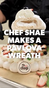 Chef Shae from Crumb Artisan Bakery makes a Pavlova Wreath 💖🎀 RECIPE: Ingredients: 6 Large Egg Whites 1 3/4 cups Sugar 2 teaspoons Vinegar 1 Tablespoon Cornstarch 1 Litre Heavy Cream Fresh Whipped Cream: 1⁄2 c Sugar 1 T Vanilla Fresh Berries and Mint Steps: 1. Measure out ingredients. 2. Combine sugar and Egg whites in m mixing bowl. Whip on high until stiff peaks form and sugar is dissolved. 3. Add remaining ingredients. 4. Pipe into desired shape and size. 5. Bake at 250 for 1.5 hours 6. Gar