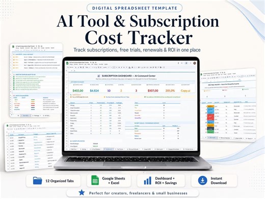 AI Subscription Tracker Google Sheets, AI Tool Cost Planner, Chatgpt Expense Dashboard for Creators, Freelancers, Excel Spreadsheet - Etsy