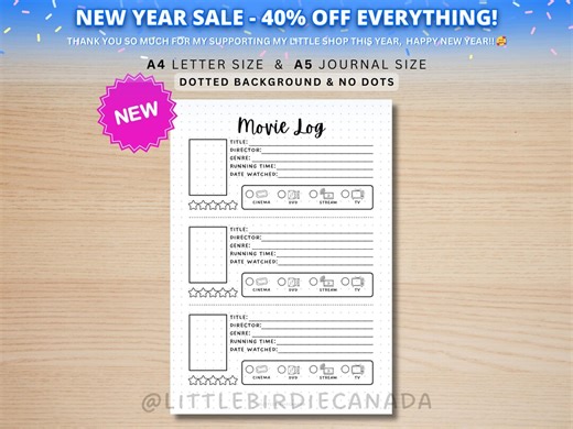 Movie Log - PRINTABLE Journal Page - Printable Planner Page - Track Movies Watched - Movie Tracker - Movie Watching - Journal Template - Etsy