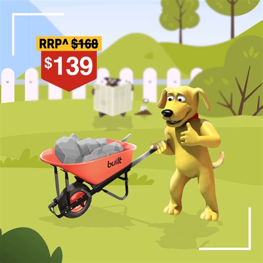 Built tough 💪 The Built Heavy Duty Wheelbarrow (100L) is ready to handle your biggest backyard jobs with ease. It's a Barkin’ Bargain this month — sale ends 19.10.25, while stocks last! Shop yours here https://www.homehardware.com.au/built-wheelbarrow-heavy-duty-metal-tray-100-litre | Home Hardware