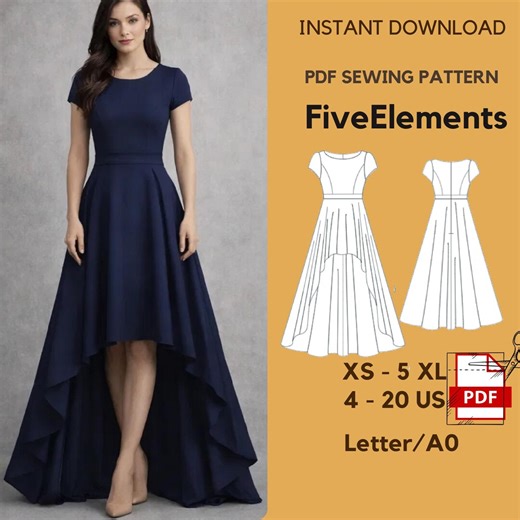 High Low Dress Sewing Pattern PDF | Elegant Evening Dress Pattern | Fit and Flare Dress | XS–5XL | Hi Low Hem | Instant Download A0 Letter - Etsy