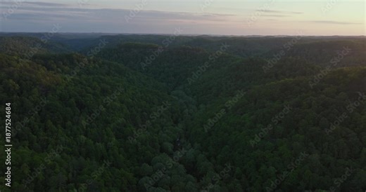 Aerial view of lush hills and valley at sunset in Red River Gorge, Kentucky