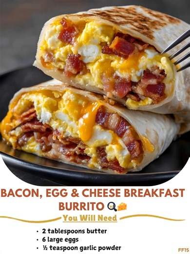 Bacon, 😂 Egg & Cheese Breakfast Burrito 🍳🧀 Fluffy scrambled eggs, crispy bacon, savory sausage, golden potatoes, and melted cheese wrapped perfectly! Ingredients: 2 tbsp butter 8 large eggs ..... Full Recipe in Coʍmеոτ 💬 🍂 | Grandma's Recipes