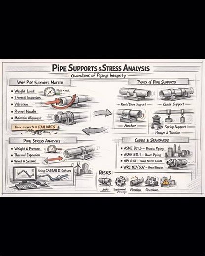 PIPELINE Pipe Support & Stress Analysis: Why It Matters More Than You Think Piping systems are not static. They expand, contract, vibrate, and carry loads every day. Pipe supports are designed to do more than hold pipes: ✔ Carry weight ✔ Control thermal movement ✔ Protect pumps and equipment nozzles ✔ Maintain long-term system integrity Stress analysis then verifies whether the system can safely handle: • Thermal expansion • Sustained loads • Occasional loads like wind or seismic forces Using co