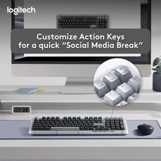 Switch gears without breaking flow. With Smart Actions on Alto Keys K98M, a quick social media break is just one key away. | Logitech