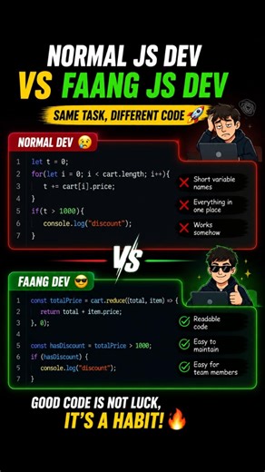 Normal JavaScript Developer vs FAANG Developer | Clean Code Comparison 🚀 #shorts