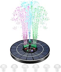 VIVOSUN Solar Fountain, 4W Solar Water Fountain with Upgraded Glass Panel, Built-in Battery, 7 Nozzles, Colored LED Lights, Outdoor Solar Fountain Pump for Bird Bath, Pond, Pool, Fish Tank, Garden