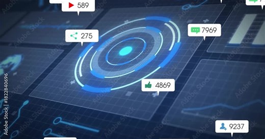 Badge flow hitting core HUD, pulsing and rotating as icons entering and clustering, showing metrics