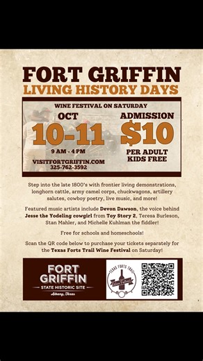 Our annual Fort Griffin Living History Days is just one week away, October 10-11, 2025. Plan to join us for two days of interactive living history demonstrations. There will be food trucks, chuckwagon food, artillery demonstrations, live music, cowboy artists, cowboy poetry, Texas Forts Trail Wine Festival, and more. It's going be a blast! | Fort Griffin State Historic Site