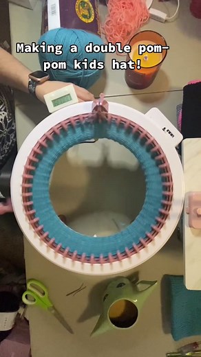 Making a double pom kids hat with removable poms! #tiktokbeanie #snowyaspen #MakeItMagical #knittingmachine