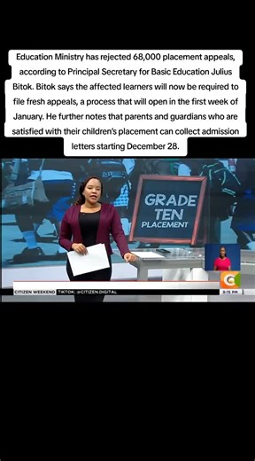Education Ministry has rejected 68,000 placement appeals, according to Principal Secretary for Basic Education Julius Bitok. Bitok says the affected learners will now be required to file fresh appeals, a process that will open in the first week of January. He further notes that parents and guardians who are satisfied with their children’s placement can collect admission letters starting December 28.#merutiktokers #kiraaciogiaciaca #merupolitics #currentaffairs #mckaree
