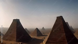 Alien world with many Pyramids in the desert, Aerial 3D rendering cinematic view, alien Prehistorian world, 2023