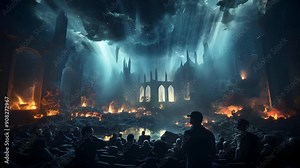 A dramatic scene of a burning cathedral with an audience watching from below. The flames lick at the sky as the building crumbles. This is a powerful image of destruction and loss.