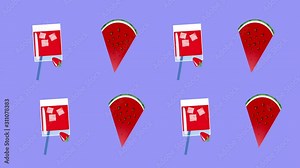 Bright cartoon animation of rotating cocktails and watermelon. Minimal motion art. Cocktails background.