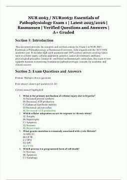 NUR 2063 NUR2063 Essentials of Pathophysiology Exam 1 Rasmussen University Verified Questions and An