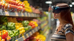 Exploring the Fusion of Technology and Retail: Woman in VR Glasses Shopping at a Virtual Supermarket. Concept Fusion of Technology and Retail, Virtual Reality Shopping, Modern Consumer Experiences