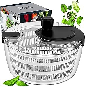 Salad Spinner – Large Clear Bowl with Drain and Colander – Multi-use Vegetable Dryer, Lettuce Spinner, Fruit Washer, Salad Mixer, Pasta & Fries Spinner - 4.2 Qt