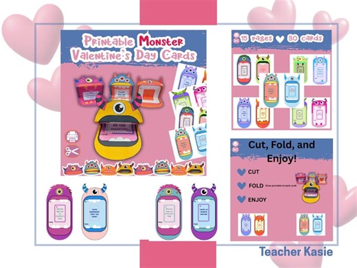 Monster Valentine Cards | Fun Printable and Foldable for Kids - Etsy