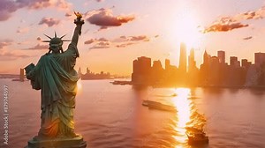 Statue Of Liberty, New York City, Aerial view of Statue of Liberty at sunrise, footage, 4k footage, videos, video clip, slow motion, video wallpapers, animation, 4K, short video
