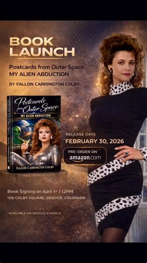 D Y N A S T Y on Instagram: "Join Fallon Carrington Colby for an evening of canapés, cocktails & close encounters. She’ll be answering questions and signing copies of her new memoir, Postcards from Outer Space: My Alien Abduction. April 1st. 100 Colby Square, Denver. 👽🥂"