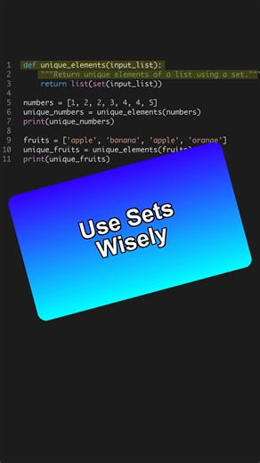 Tired of list duplicates? Sets for the win! ⚡️ Elevate your Python game with cleaner, faster code. 🐍 --- Get the Python for AI course 6 projects at the link in bio. 🐍