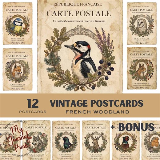 Vintage French Postcards – Woodland Digital Printable – Ephemera Kit - Etsy