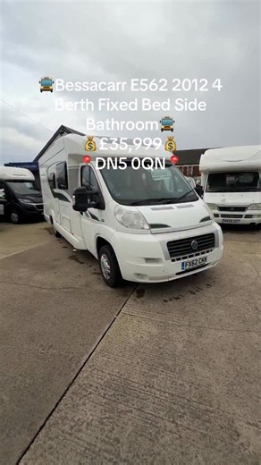 🚐 Bessacarr E562 🛏️ 4 Berth | Fixed Bed 🚿 Side Washroom 🏗️ Coachbuilt Motorhome 💷 £35,999 ✨ Key Features: ⚖️ 3500kg Vehicle Weight (Standard Car Licence) ⚙️ 6 Speed Manual Transmission 🔧 2.3 JTD • 130BHP 🛣️ Cruise Control ❄️ In-Cab Air Conditioning 📷 Rear View Camera 📦 Over-Cab Storage 🪑 Front Captain Swivel Seats 🛋️ Bench Seating Converts To Double Bed 🔥 Alde Heating & Hot Water System 🍽️ Spacious Kitchen With Fitted Microwave 🛏️ Fixed Double Bed With Under-Bed Storage 📺 Bedroom 