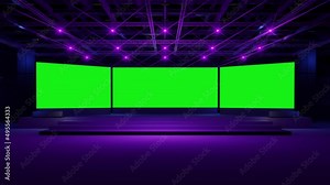 Motion Empty stage Design for mockup and Corporate identity,Display.Stage green screen in hall.Blank screen for Graphic Resources.Scene event led night light staging.Animation loop 4k.3D render.