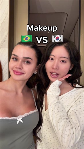With @Franciny Ehlke ❤️❤️❤️ which side you guys like better?? #korean #brazilian #makeup Franciny used products from @FRAN BY FR STORE and I used products from: @cliocosmetics_global kill cover cushion @etudeofficial curl fix mascara @chanel.beauty balm stick @Diorbeauty backstage blush (candy) @롬앤 romand juicy lasting tint @Huda Beauty easy bake pressed (sugar cookie)