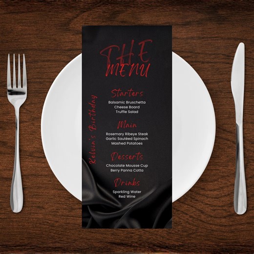 Editable Black and Red Menu, Printable Red Black Dinner Menu, Classy Black Party Menu, Luxury Satin Silk Birthday Menu Template - Etsy