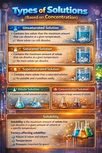 Title: Solutions in Daily Life Description: Solutions are homogeneous mixtures in which one substance (solute) is completely dissolved in another substance (solvent). Solutions play a very important role in our daily life and are found everywhere around us. Common examples include salt dissolved in water, sugar in tea, soft drinks, medicines, perfumes, and cleaning liquids. Even the air we breathe is a solution of different gases like nitrogen and oxygen. Solutions are widely used in cooking, he