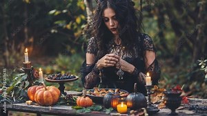 Enchanting forest scene with dark-haired young gothic woman witch in lace dress. Autumnal altar for Lilith goddess with mystical candles. Witchy atmosphere for wiccan nature-based spirituality