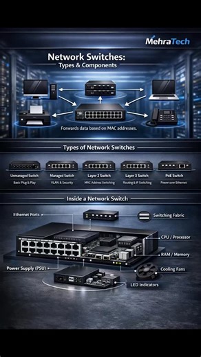 🔌 Understanding Network Switches Made Simple! From basic plug-and-play switches to advanced Layer 3 and PoE switches — learn how network switches connect devices and manage data efficiently. 💡 Explore types, functions, and internal components in one complete guide. Powered by MehraTech 🚀 #MehraTech #Networking #NetworkSwitch #Layer2Switch #Layer3Switch PoESwitch ITKnowledge TechEducation ComputerNetworking TechInfographic DigitalLearning NetworkBasics ITSupport TechCommunity 🚀 🔹 Designed by