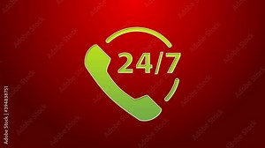 Green line Telephone 24 hours support icon isolated on red background. All-day customer support call-center. Full time call services. 4K Video motion graphic animation