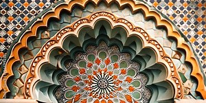 Colorful Islamic ornament, architectural facade. The concept of Islamic art