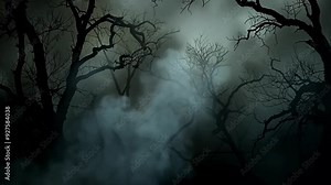 Spooky tree and smoke in horror forest, Fog among the dark tree trunks, Creepy night autumn forest landscape. Horror scene, mysterious atmosphere, haunted woods Halloween