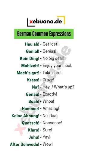 Here's a list with the German expressions and their English translations #deutschlernen #learngerman #learngermanonline #deutschkurs #germanlanguage #german #deutsch #germanlearning #studygerman #germancourse #xebuana | Xebuana.de