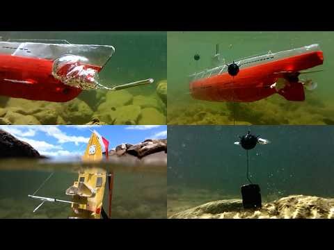 Cardboard ship and submarine model sinking, torpedo attack and hitting a sea mine, ship wreck