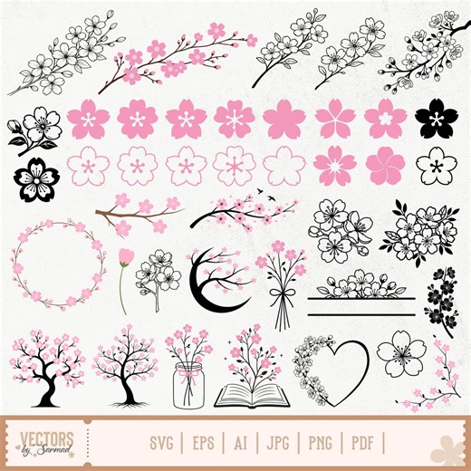 Cherry Blossom SVG Bundle, Cherry Blossom Png, Sakura Blossom Svg, Cherry Tree Svg, Cherry Blossom Outline, Cherry Flower Svg, Pink Flower - Etsy