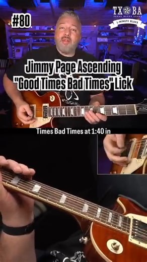 19K views · 259 reactions | During his solo in Good Times, Bad Times, Jimmy Page plays a fast, ascending pattern in Box 1. This pattern can be played over any minor pentatonic shape. In this lesson, I’ll explain the pattern and show how to pick the notes using alternate picking. Sign up to get these lessons sent to your email every day at https://1minuteblues.com. #bluesguitar #guitarlessons #jimmypage | Texas Blues Alley | Facebook