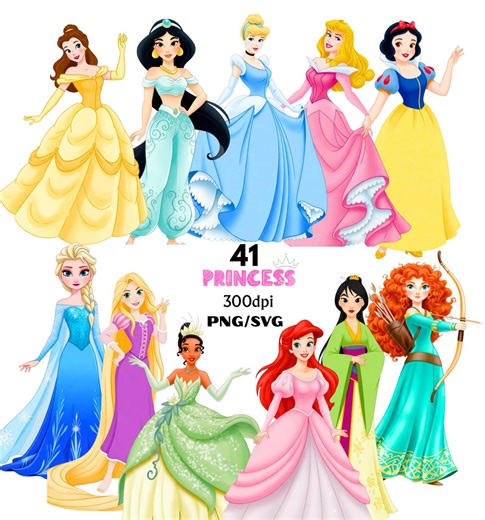 Princess SVG, Disney Princess SVG PNG, Elsa Anna Aurora Rapunzel Jasmine Belle Tiana Mermaid Clipart, Birthday Shirt Cake Topper Cricut - Etsy