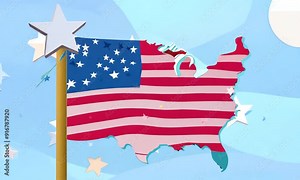 "Design a cartoon version of the United States flag, featuring animated stars and stripes."